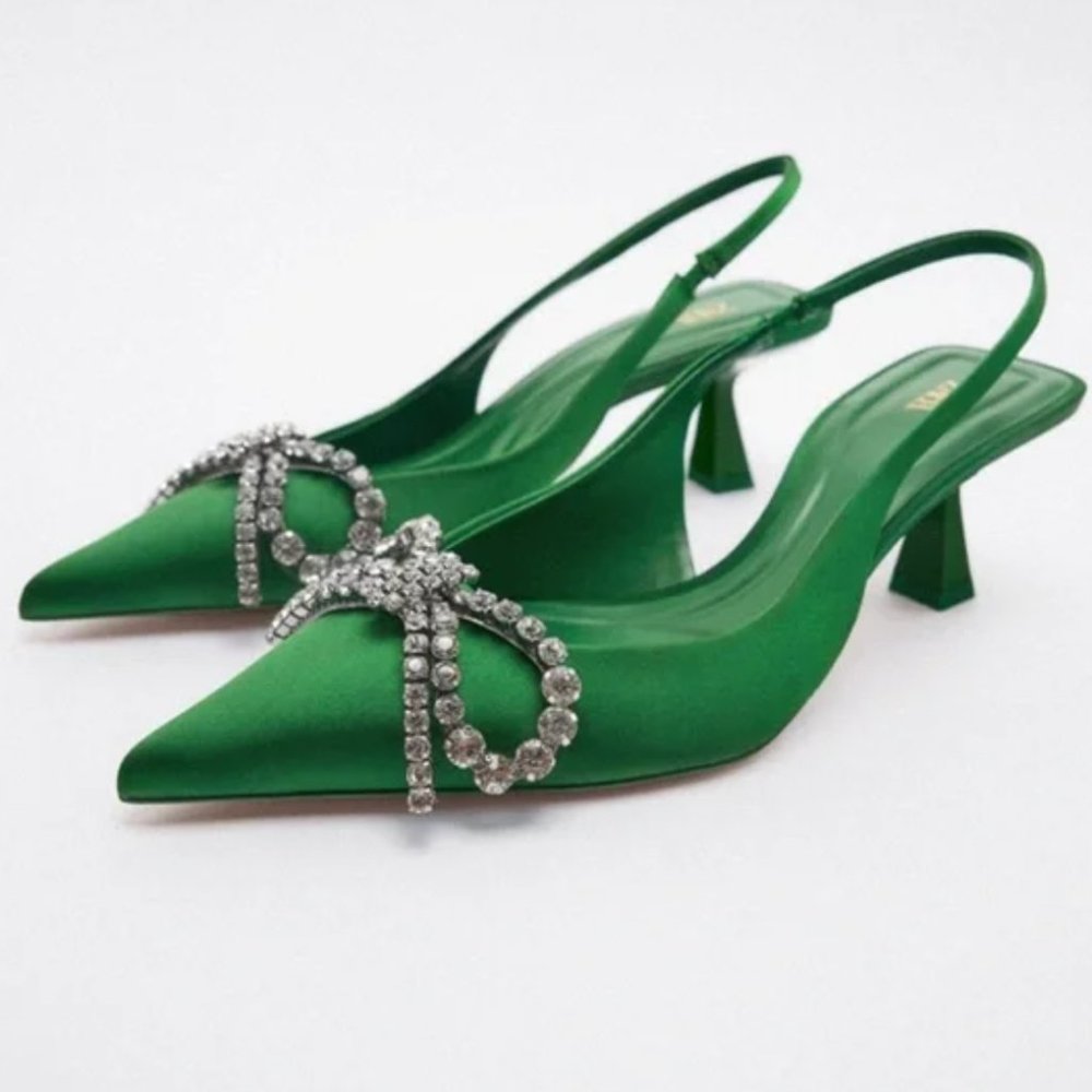 ZARA Kelly Green Satin Effect Embellished Bow Rhinestone Heeled Slingback’s $129